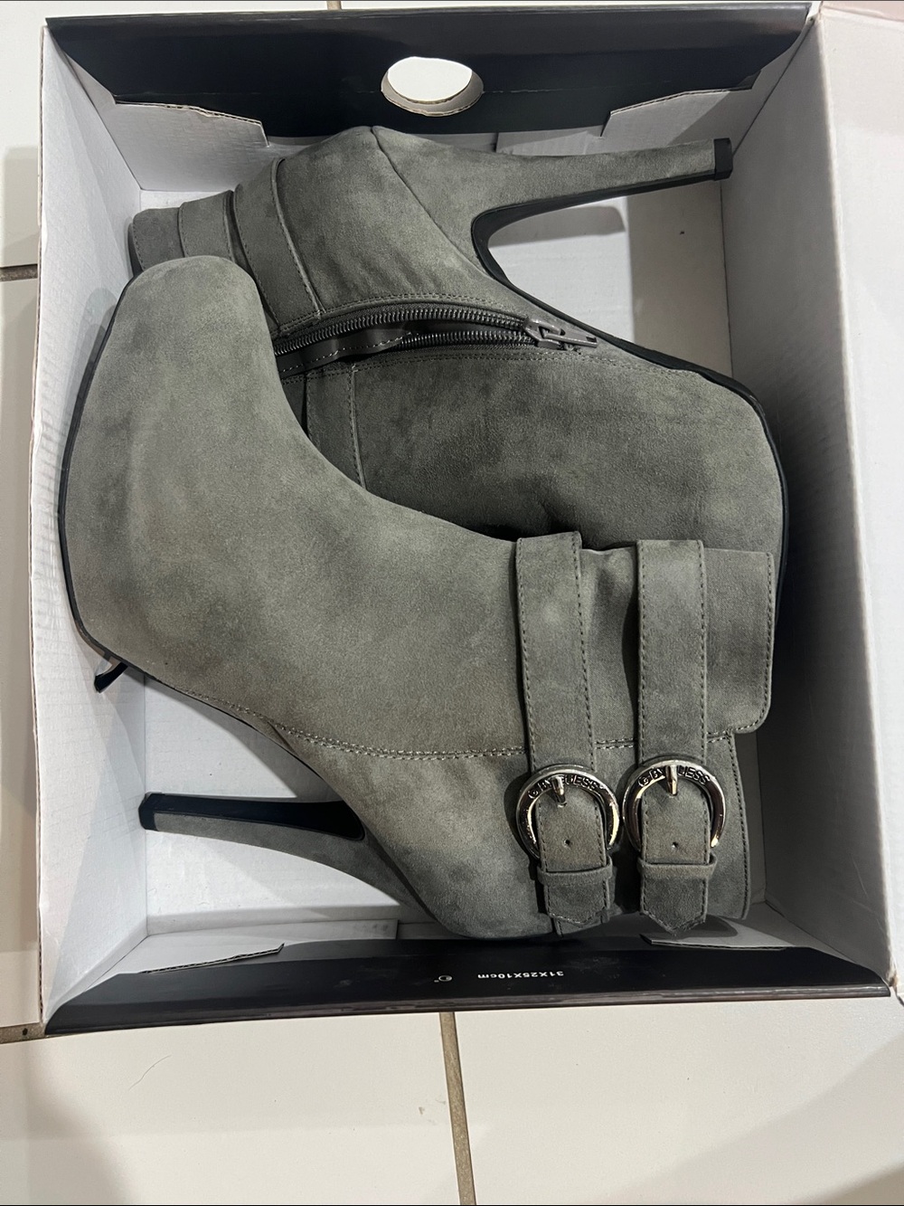 Guess Gray Suede High Heel Ankle Boots with Double Buckles